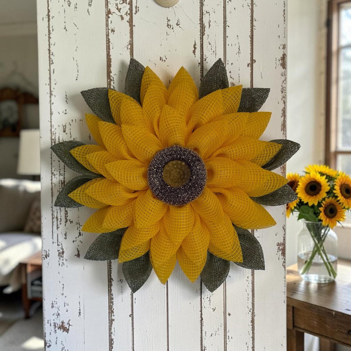 Sunflower Wreath | Rustic Farmhouse Door Decor, Decomesh Petal Wreath