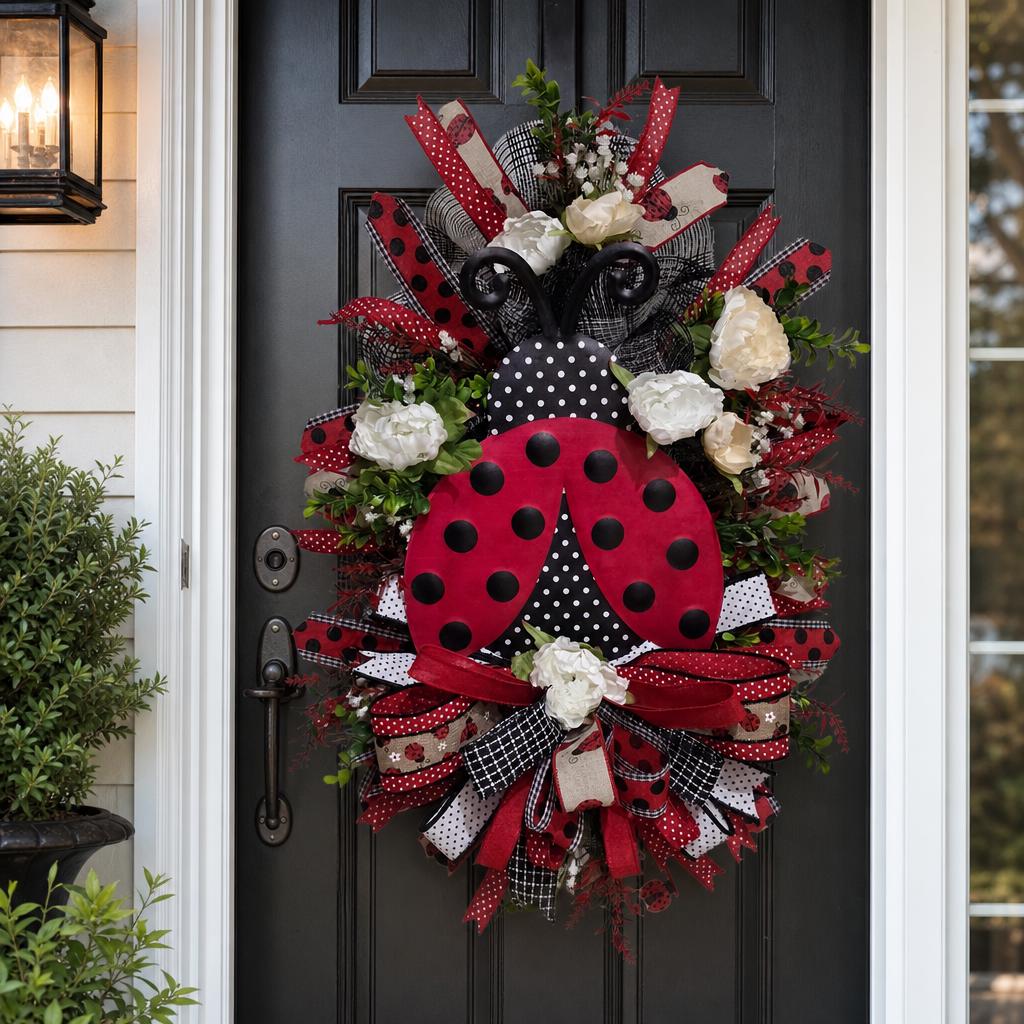 Ladybug Wreath, Summer Door Decor, Farmhouse Cottage Porch Accent, Red Black Polka Dot Swag