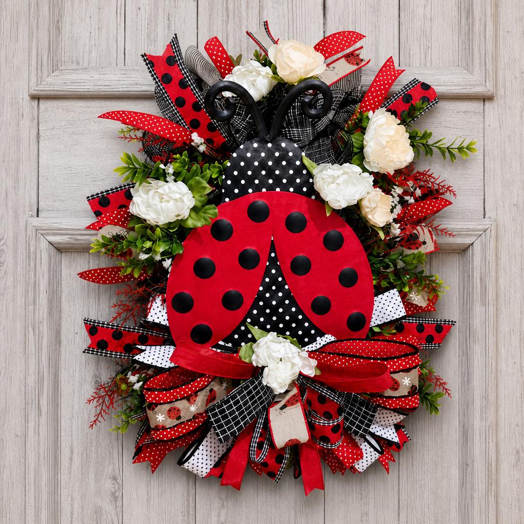 Ladybug Wreath, Summer Door Decor, Farmhouse Cottage Porch Accent, Red Black Polka Dot Swag