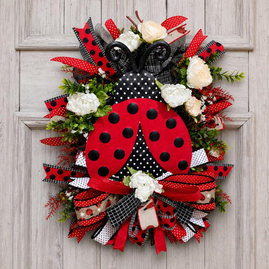 Ladybug Wreath, Summer Door Decor, Farmhouse Cottage Porch Accent, Red Black Polka Dot Swag