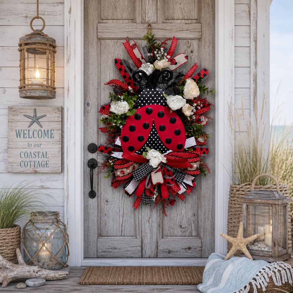 Ladybug Wreath, Summer Door Decor, Farmhouse Cottage Porch Accent, Red Black Polka Dot Swag