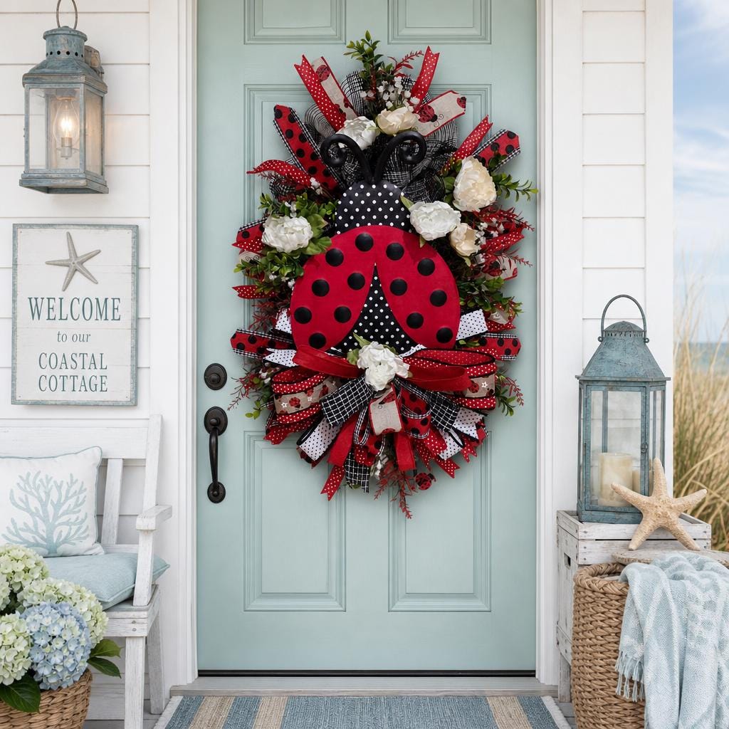 Ladybug Wreath, Summer Door Decor, Farmhouse Cottage Porch Accent, Red Black Polka Dot Swag
