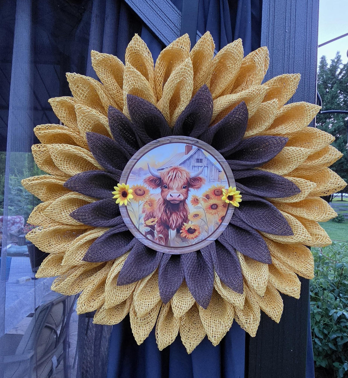Highland Cow Sunflower Wreath | Rustic Farmhouse Door Decor, PolyBurlap Decomesh Petals