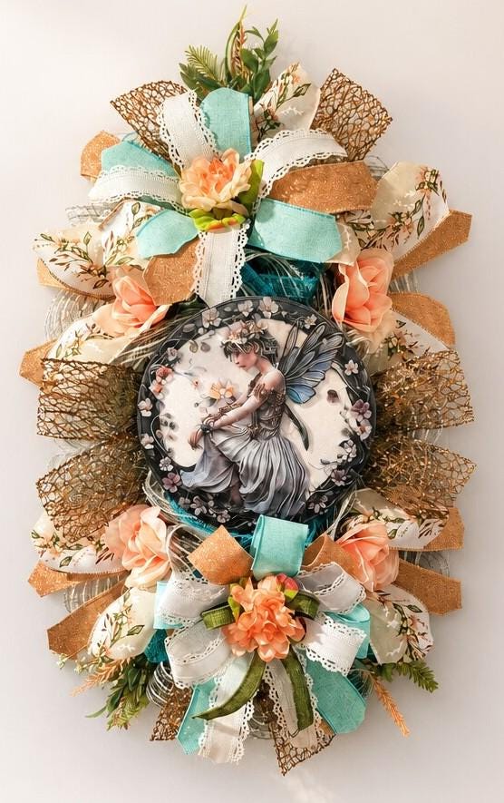 Handcrafted Fairy Swag Wreath, Pastel Garden Decor, Floral Ribbon Artistry