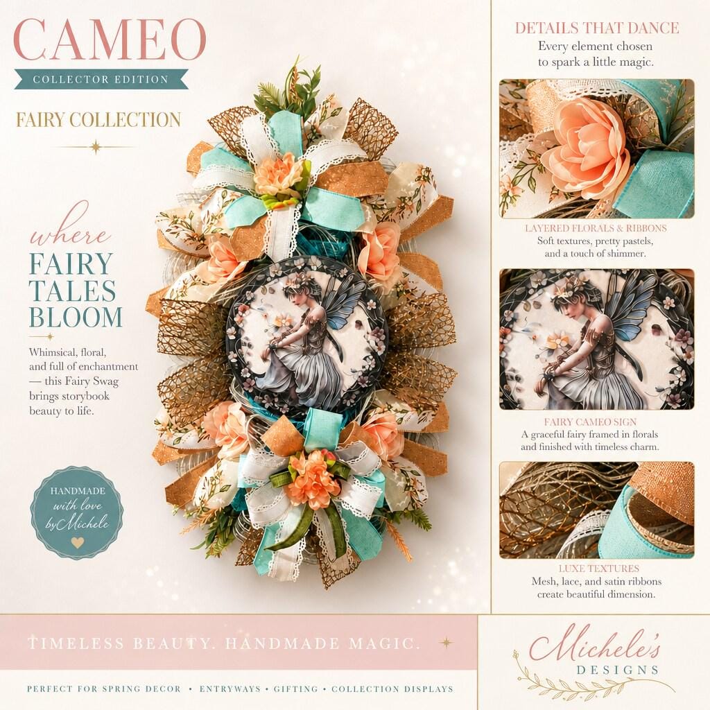 Handcrafted Fairy Swag Wreath, Pastel Garden Decor, Floral Ribbon Artistry