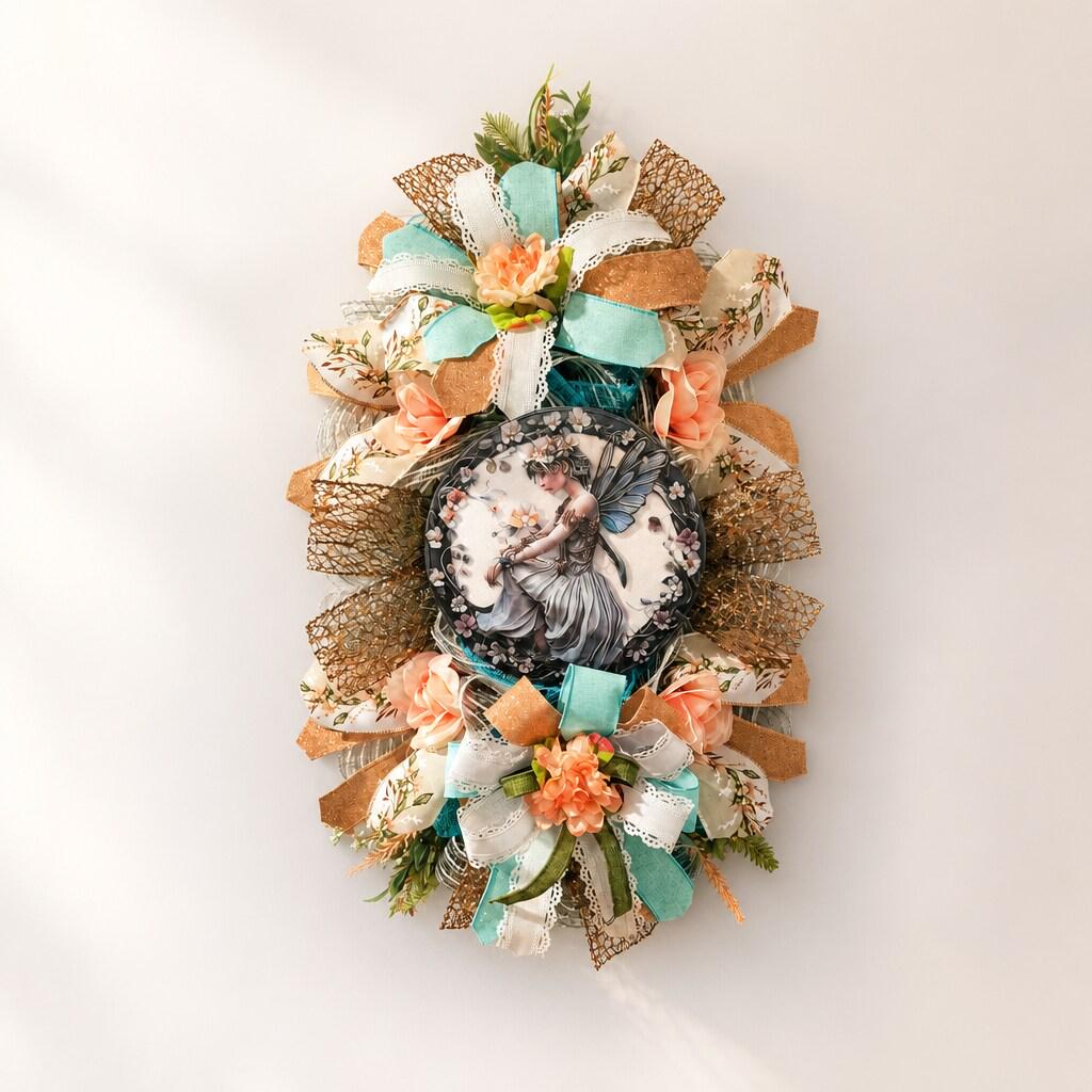 Handcrafted Fairy Swag Wreath, Pastel Garden Decor, Floral Ribbon Artistry