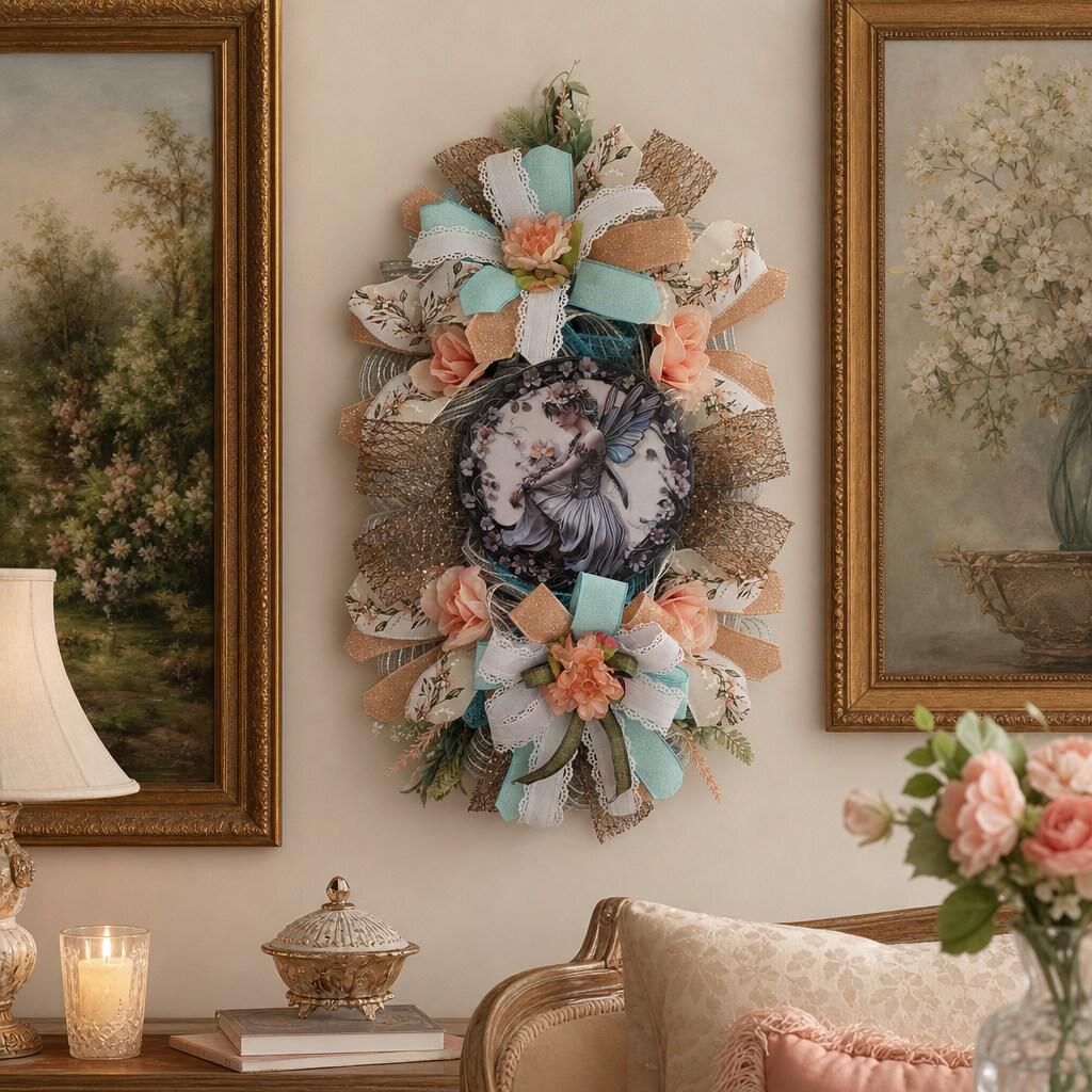 Handcrafted Fairy Swag Wreath, Pastel Garden Decor, Floral Ribbon Artistry