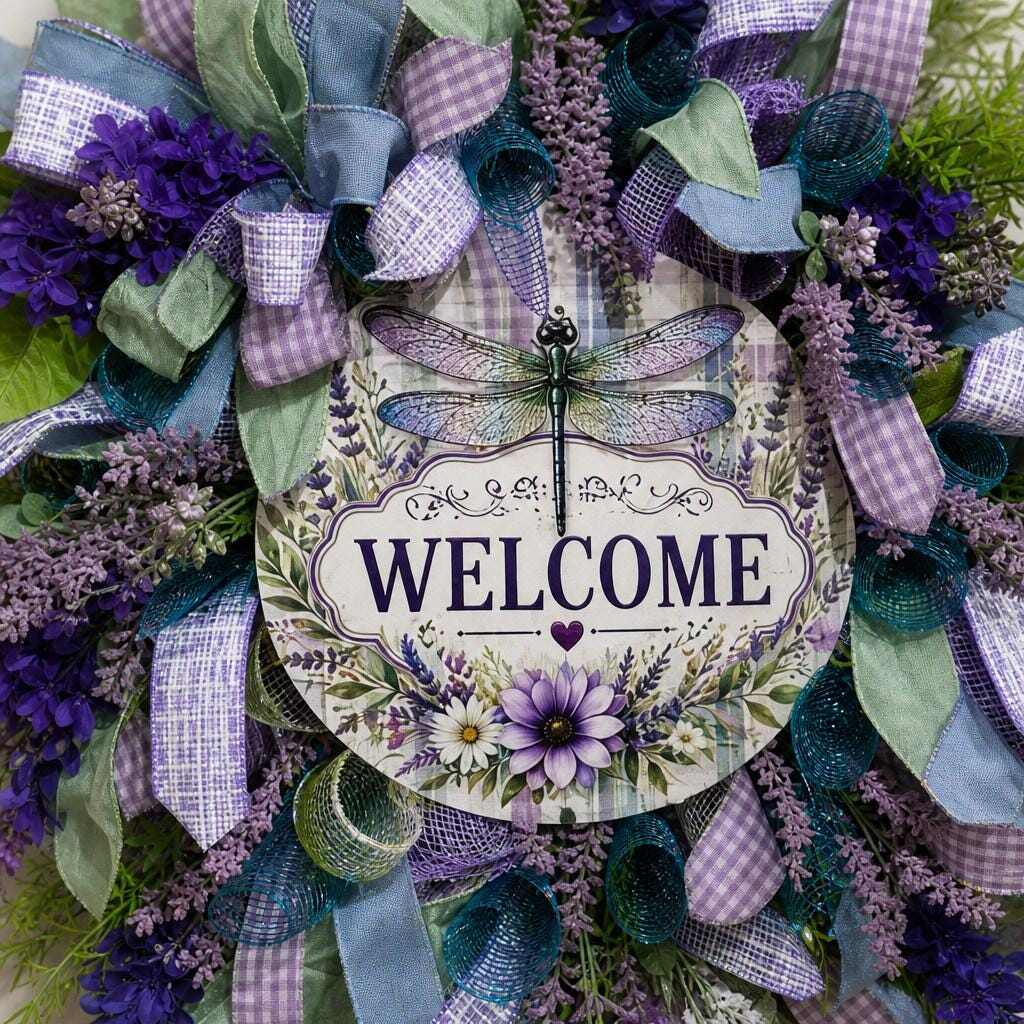 Dragonfly Wreath, Purple and Teal Front Door Wreath — Handmade Summer Décor