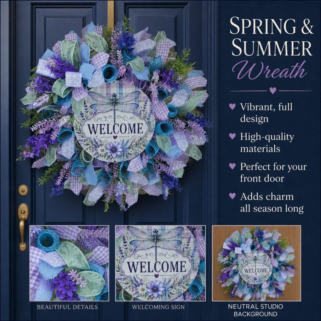 Dragonfly Wreath, Purple and Teal Front Door Wreath — Handmade Summer Décor
