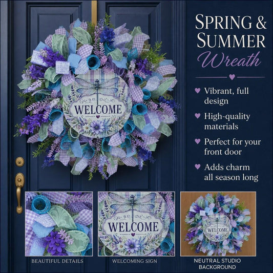 Dragonfly Wreath, Purple and Teal Front Door Wreath — Handmade Summer Décor