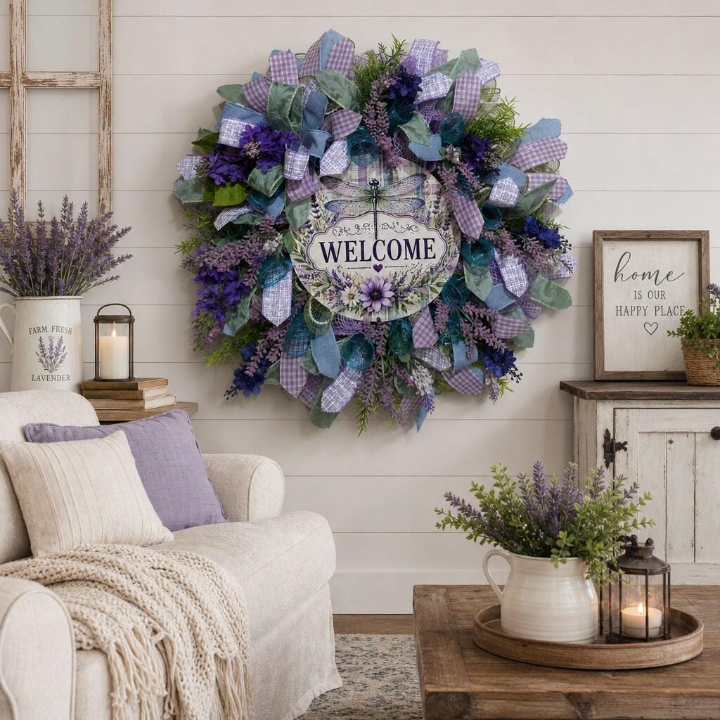 Dragonfly Wreath, Purple and Teal Front Door Wreath — Handmade Summer Décor