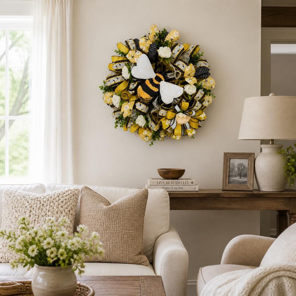 Summer Fall Bee Wreath • Handmade Honey Bee Door Decor • Farmhouse Porch Accent