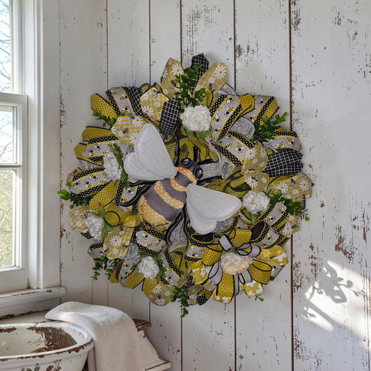 Summer Fall Bee Wreath • Handmade Honey Bee Door Decor • Farmhouse Porch Accent