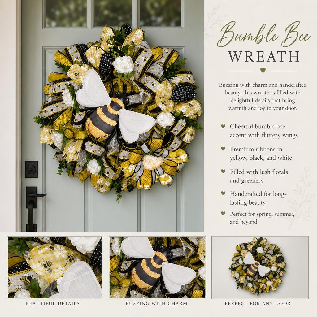 Summer Fall Bee Wreath • Handmade Honey Bee Door Decor • Farmhouse Porch Accent