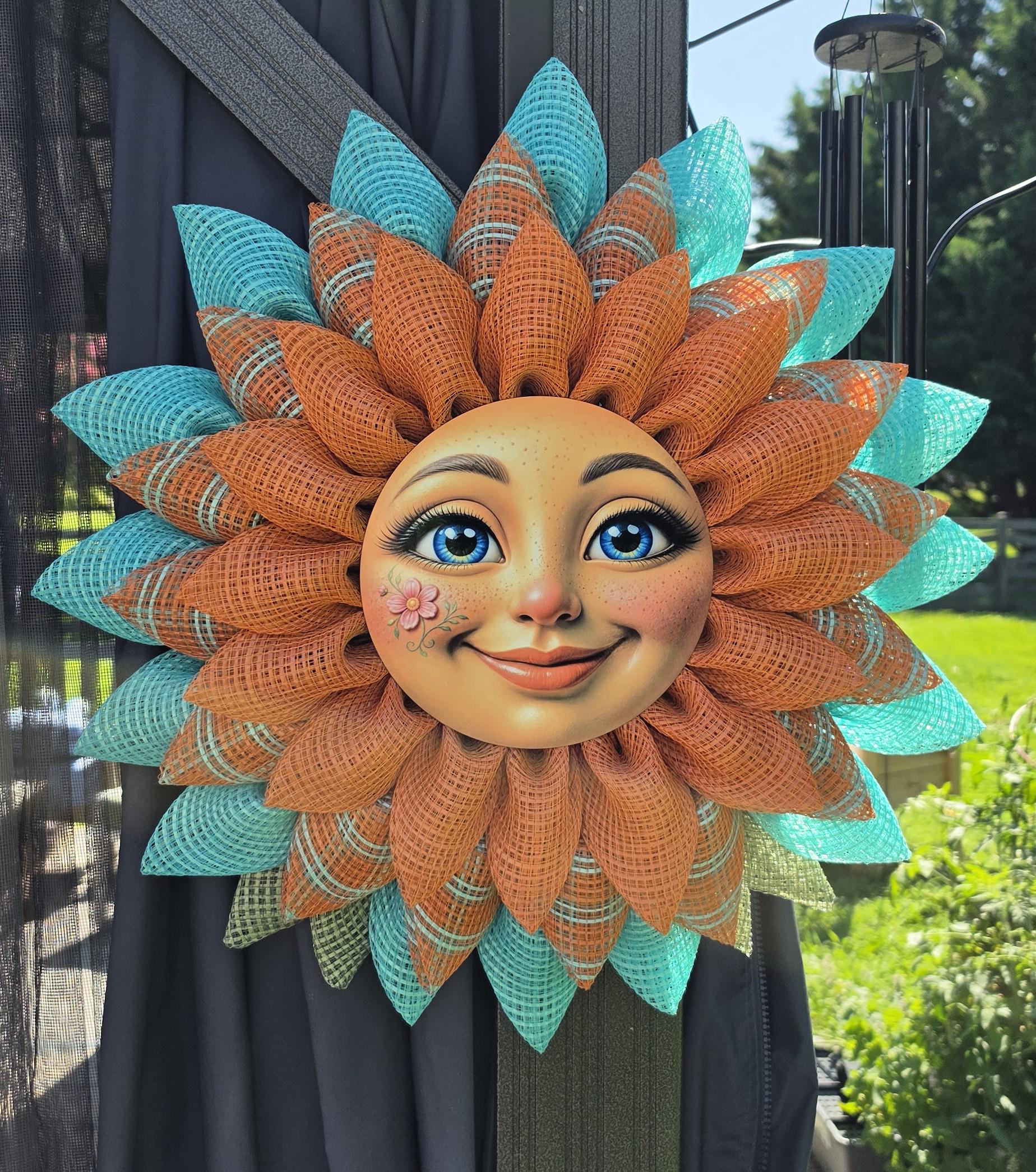 Sunflower Wreath for Front Door| Happy Sunflower Face| Farmhouse door Decor| Handmade Deco Mesh Wreath