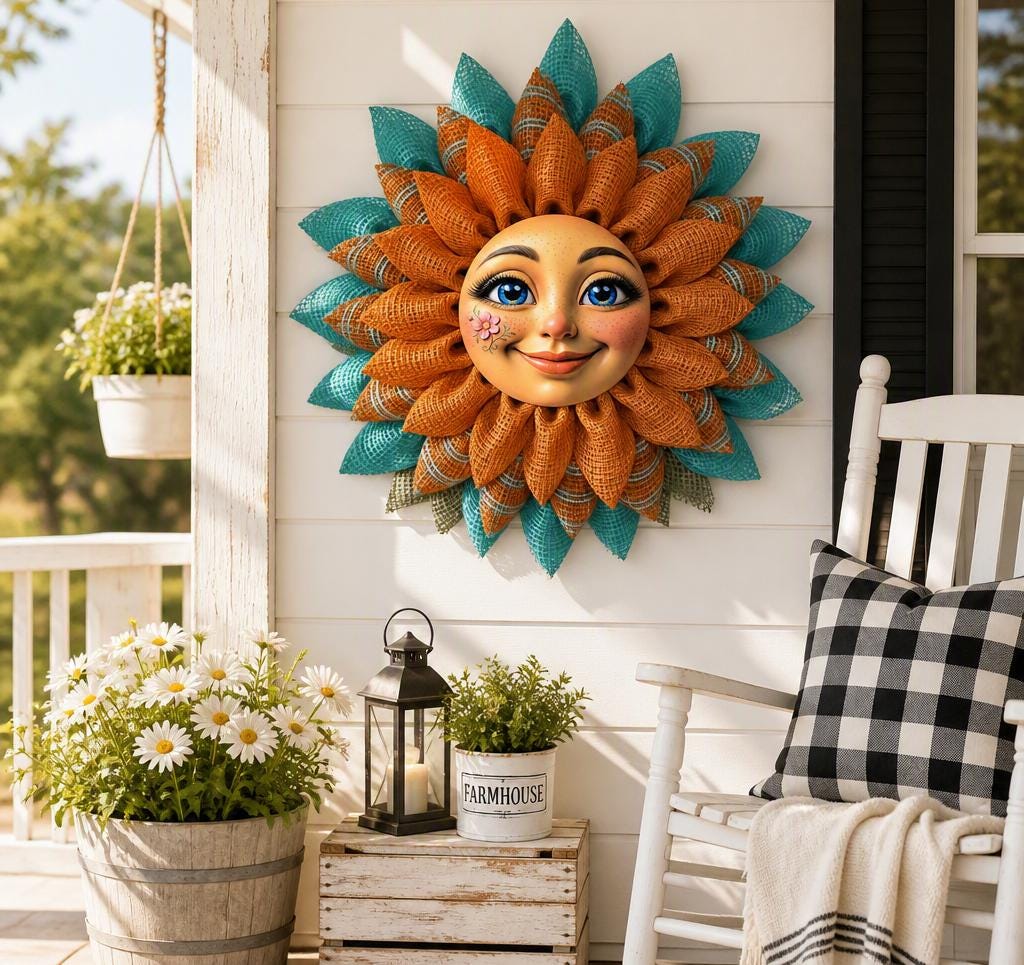 Sunflower Wreath for Front Door| Happy Sunflower Face| Farmhouse door Decor| Handmade Deco Mesh Wreath