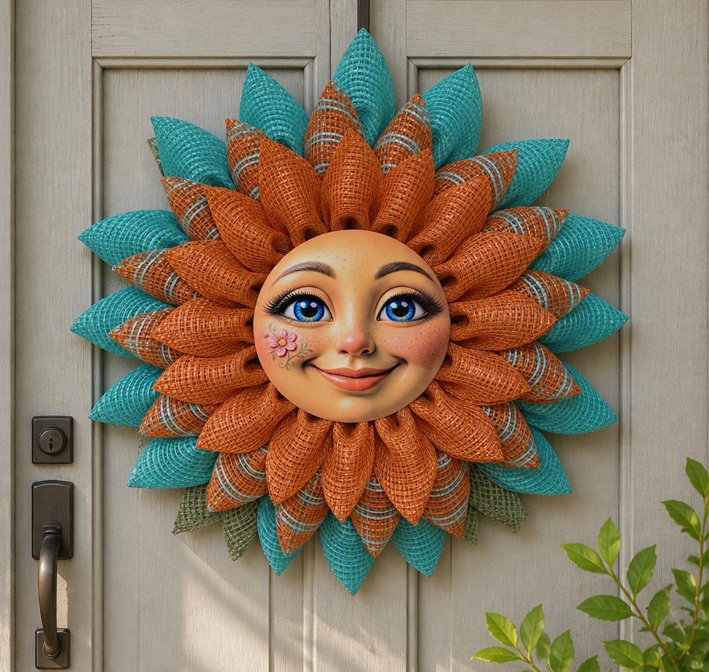 Sunflower Wreath for Front Door| Happy Sunflower Face| Farmhouse door Decor| Handmade Deco Mesh Wreath