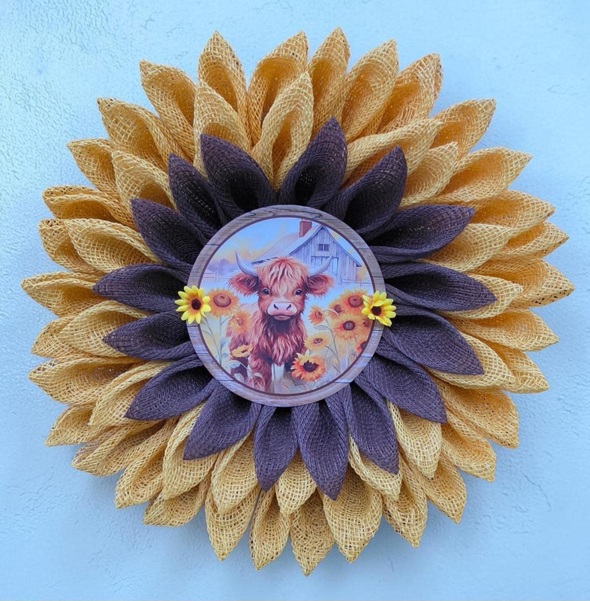 Highland Cow Sunflower Wreath | Rustic Farmhouse Door Decor, PolyBurlap Decomesh Petals