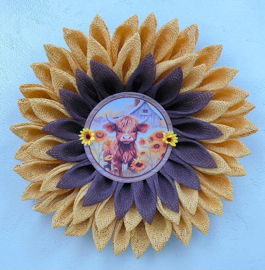 Highland Cow Sunflower Wreath | Rustic Farmhouse Door Decor, PolyBurlap Decomesh Petals