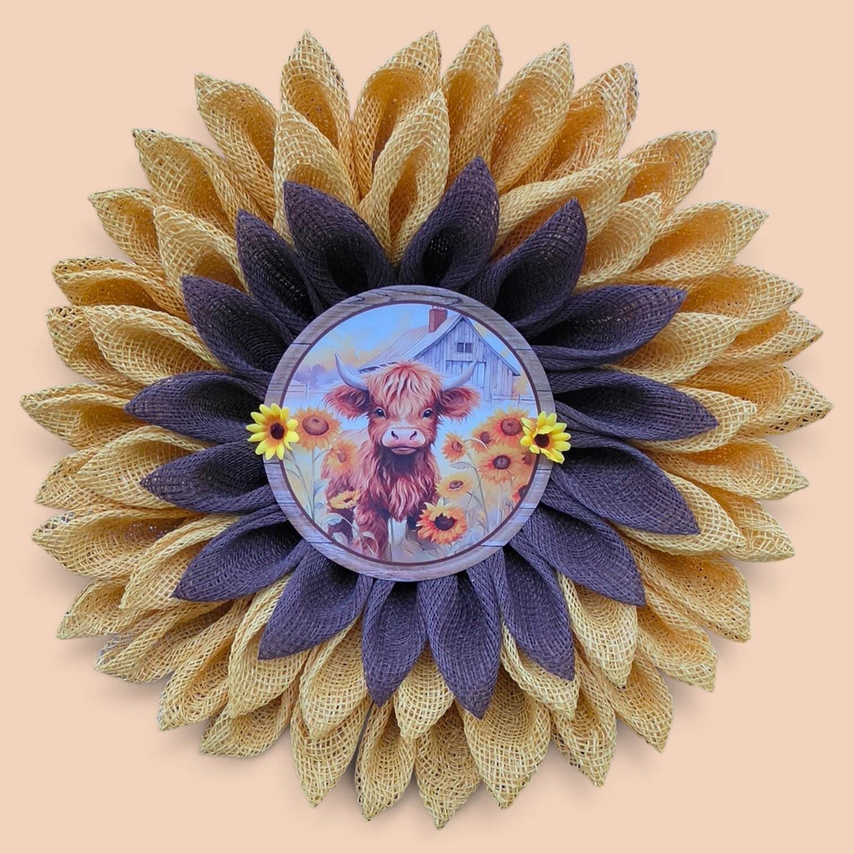 Highland Cow Sunflower Wreath | Rustic Farmhouse Door Decor, PolyBurlap Decomesh Petals