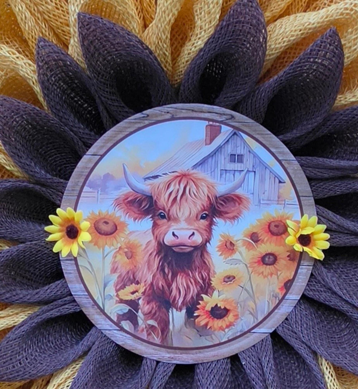 Highland Cow Sunflower Wreath | Rustic Farmhouse Door Decor, PolyBurlap Decomesh Petals