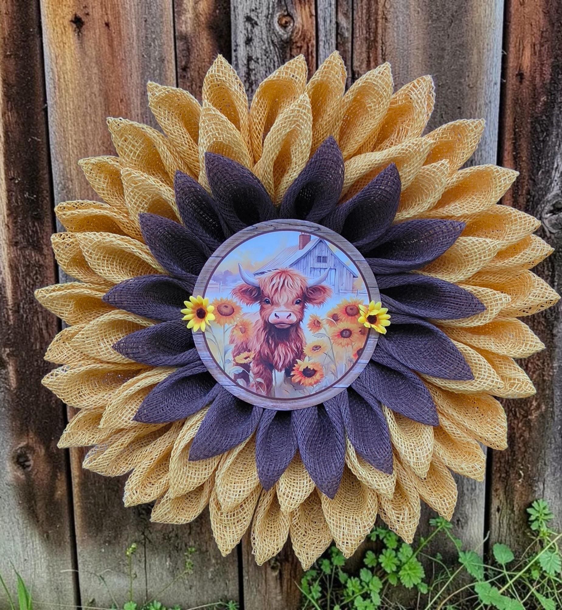 Highland Cow Sunflower Wreath | Rustic Farmhouse Door Decor, PolyBurlap Decomesh Petals
