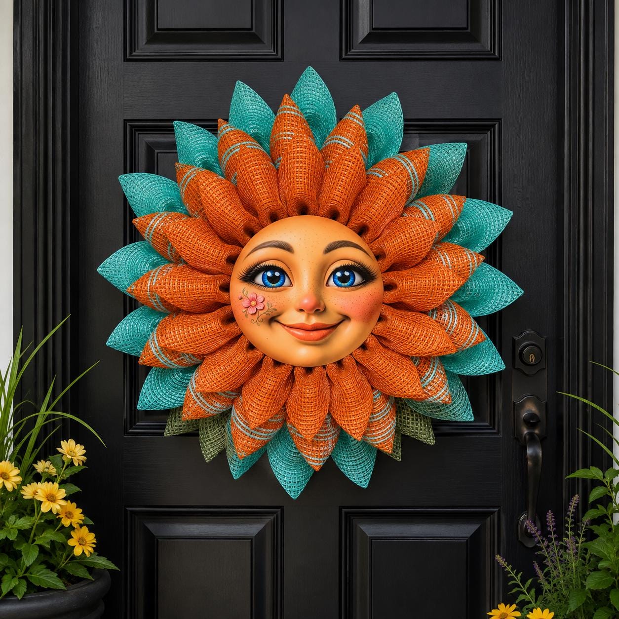Sunflower Wreath for Front Door| Happy Sunflower Face| Farmhouse door Decor| Handmade Deco Mesh Wreath