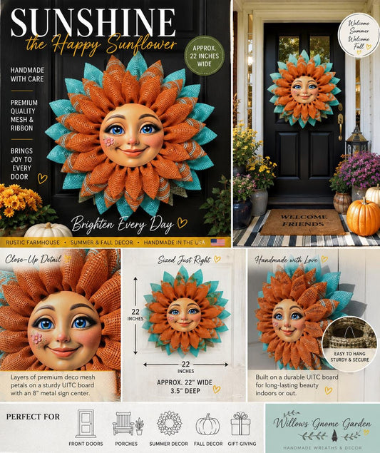 Sunflower Wreath for Front Door| Happy Sunflower Face| Farmhouse door Decor| Handmade Deco Mesh Wreath