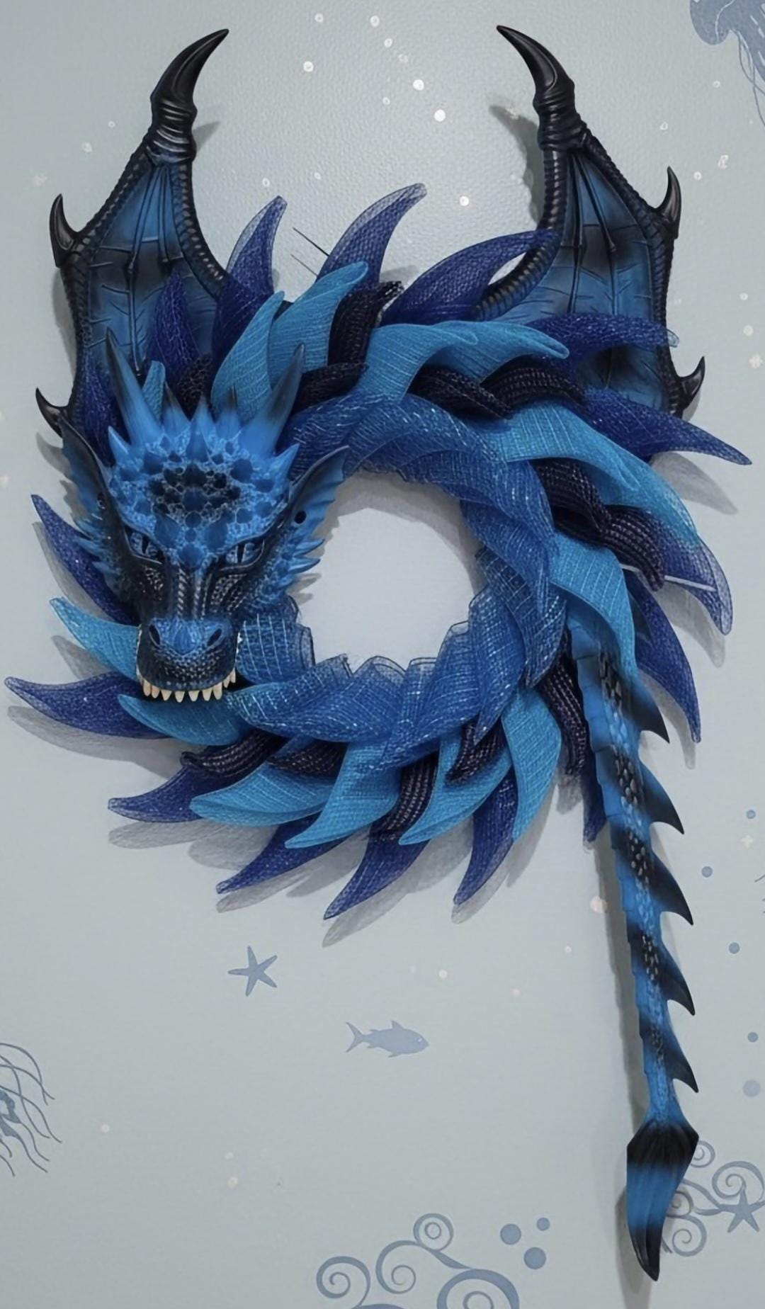 Handmade Blue Sea Dragon Wreath, Coastal Fantasy Decor, Mythical Creature Wall Art