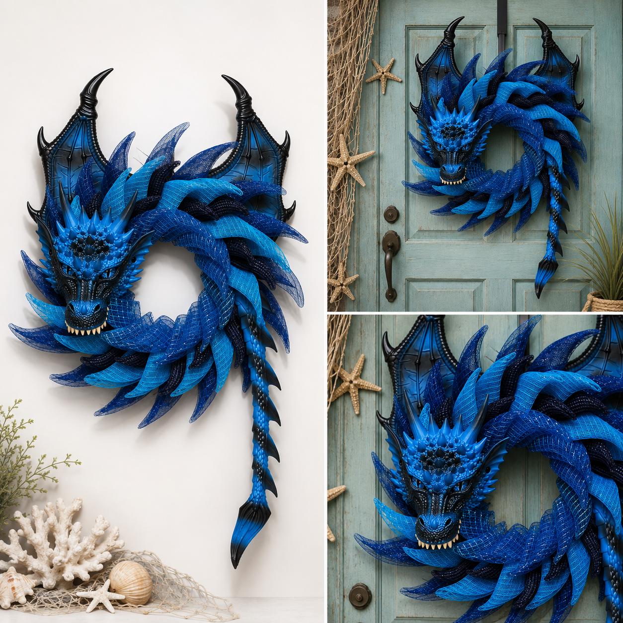 Handmade Blue Sea Dragon Wreath, Coastal Fantasy Decor, Mythical Creature Wall Art