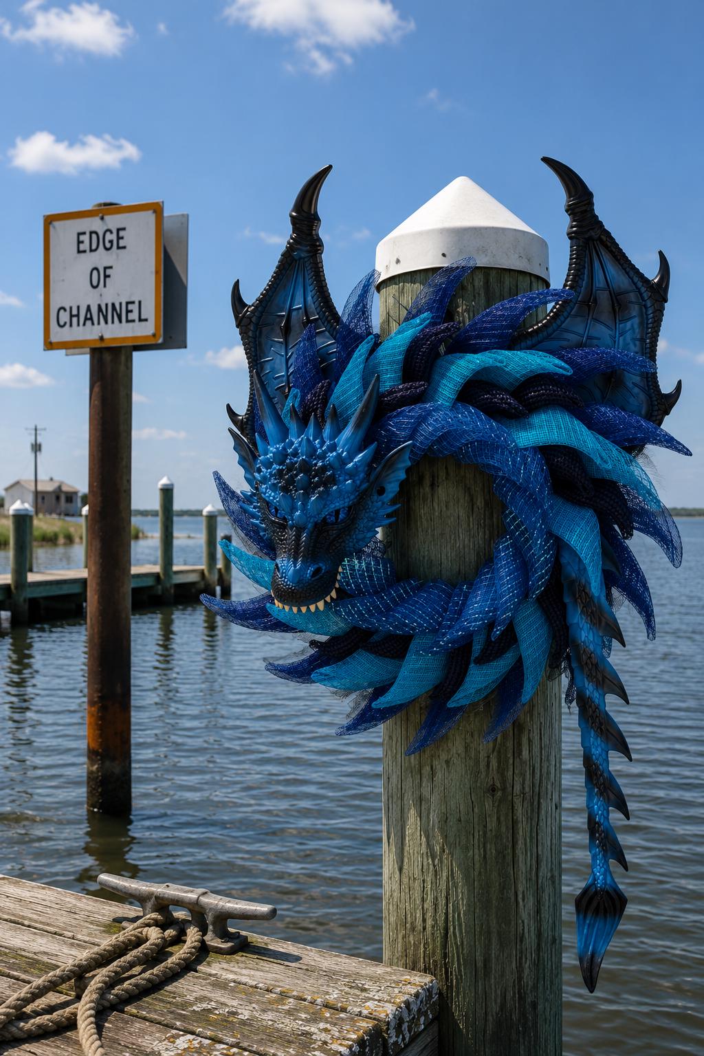 Handmade Blue Sea Dragon Wreath, Coastal Fantasy Decor, Mythical Creature Wall Art