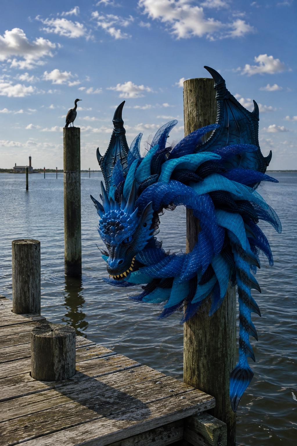 Handmade Blue Sea Dragon Wreath, Coastal Fantasy Decor, Mythical Creature Wall Art