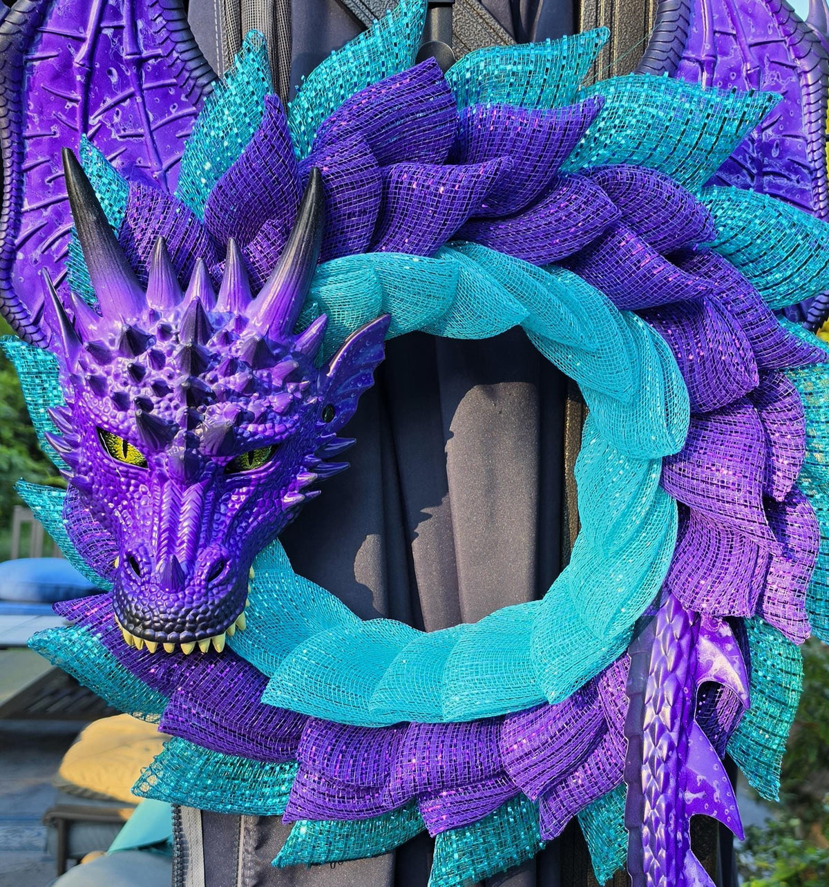 Handmade Purple Sea Dragon Wreath, Teal Aqua Coastal Fantasy Door Decor