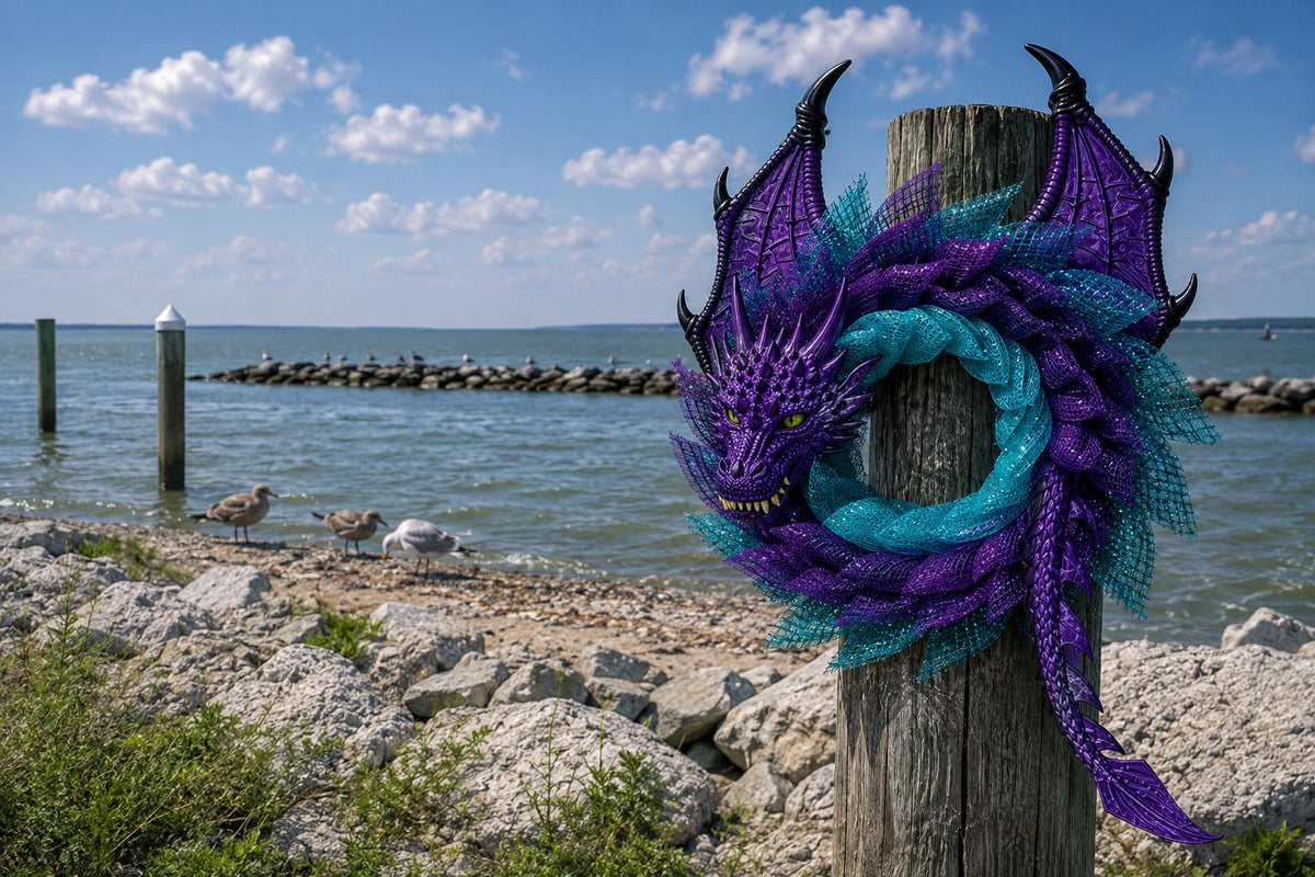Handmade Purple Sea Dragon Wreath, Teal Aqua Coastal Fantasy Door Decor