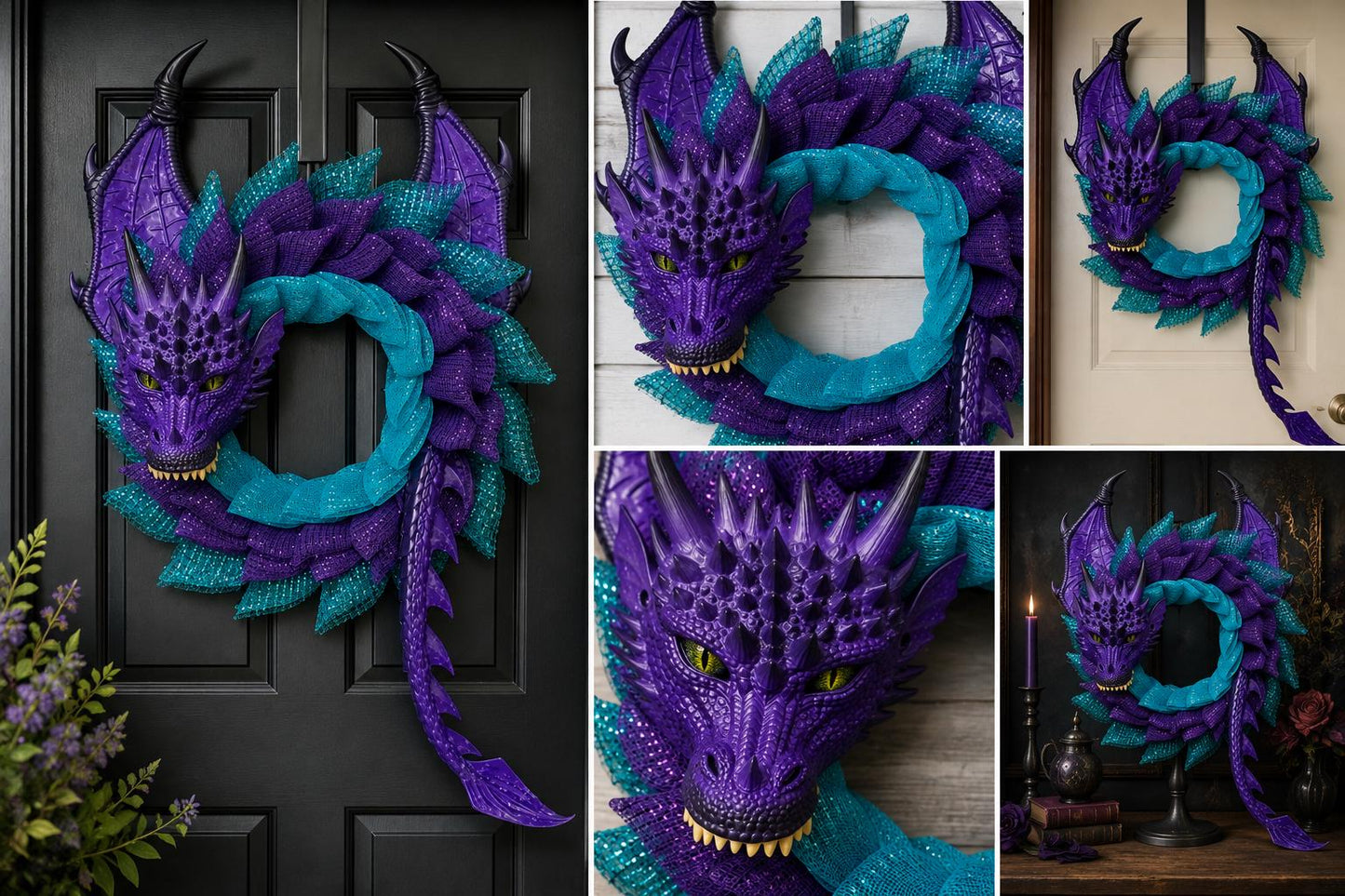 Handmade Purple Sea Dragon Wreath, Teal Aqua Coastal Fantasy Door Decor
