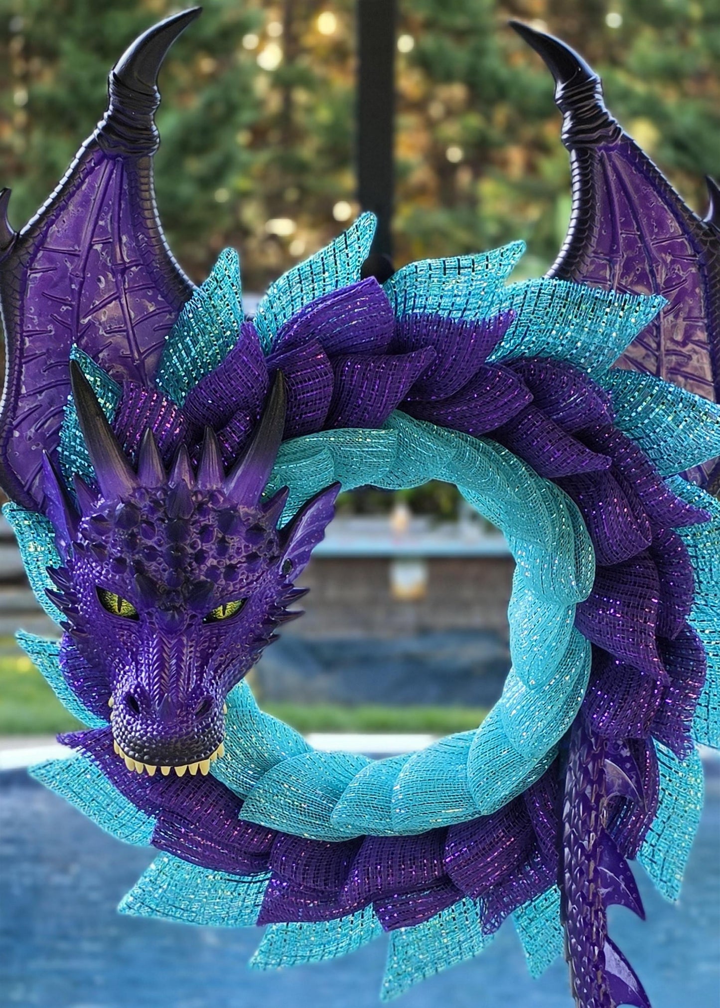 Handmade Purple Sea Dragon Wreath, Teal Aqua Coastal Fantasy Door Decor