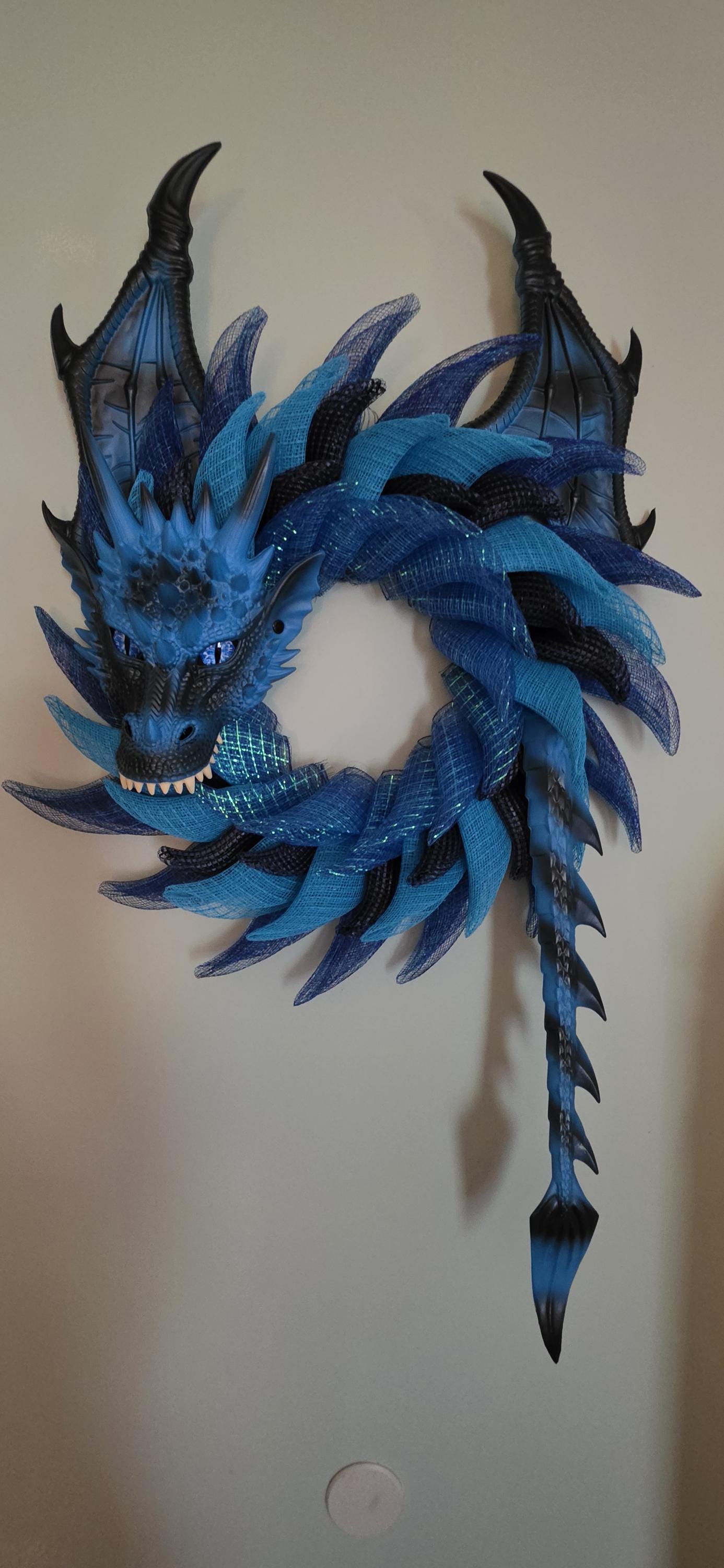 Handmade Blue Sea Dragon Wreath, Coastal Fantasy Decor, Mythical Creature Wall Art