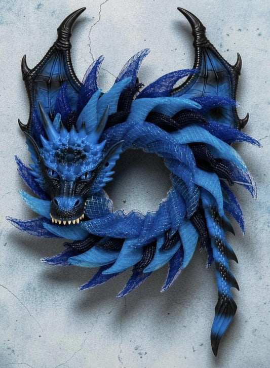 Handmade Blue Sea Dragon Wreath, Coastal Fantasy Decor, Mythical Creature Wall Art