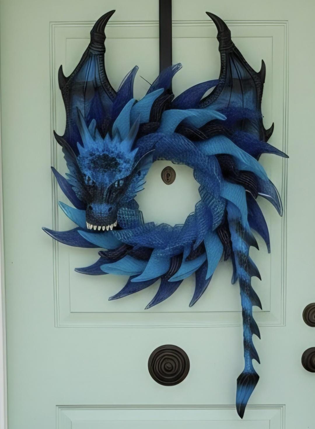 Handmade Blue Sea Dragon Wreath, Coastal Fantasy Decor, Mythical Creature Wall Art