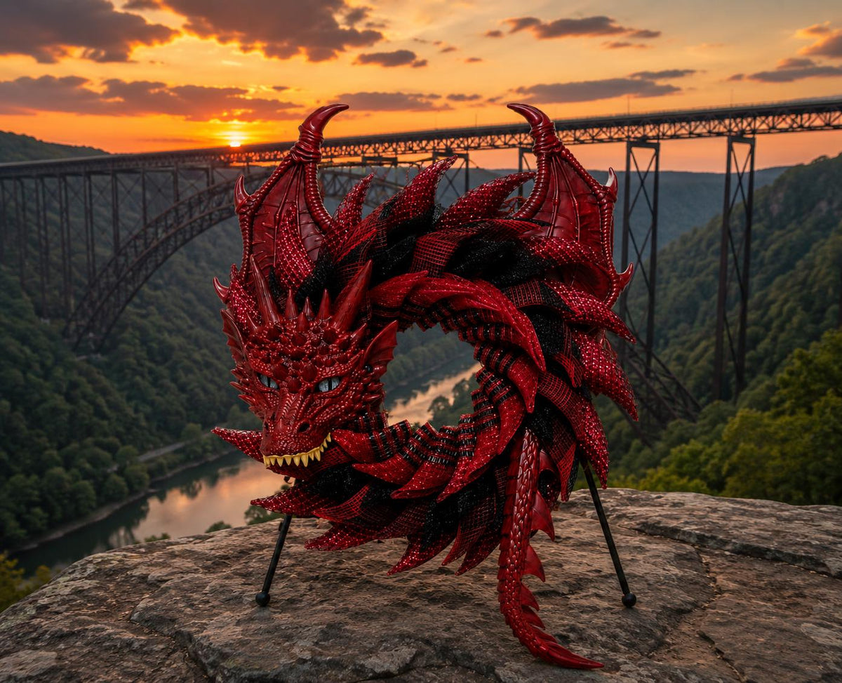 Handmade Red and Black Dragon Wreath, Fantasy Decor, Motorcycle Rider Gift, Smoky Mountain Art, Dragon Lover Gift
