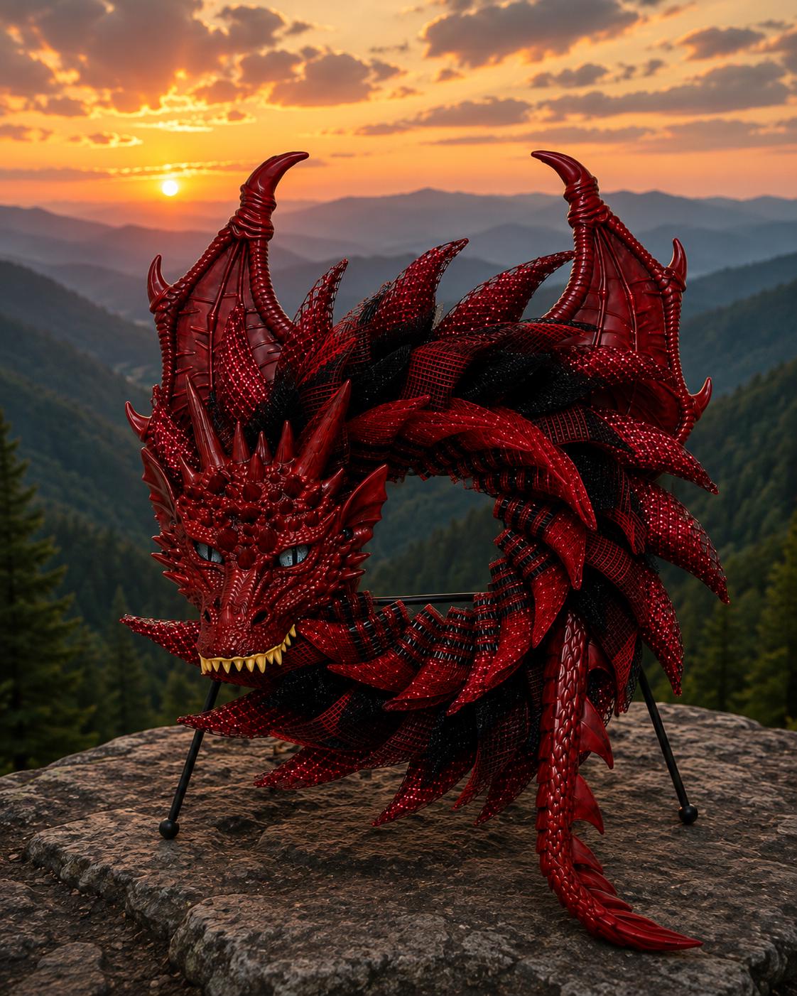 Handmade Red and Black Dragon Wreath, Fantasy Decor, Motorcycle Rider Gift, Smoky Mountain Art, Dragon Lover Gift