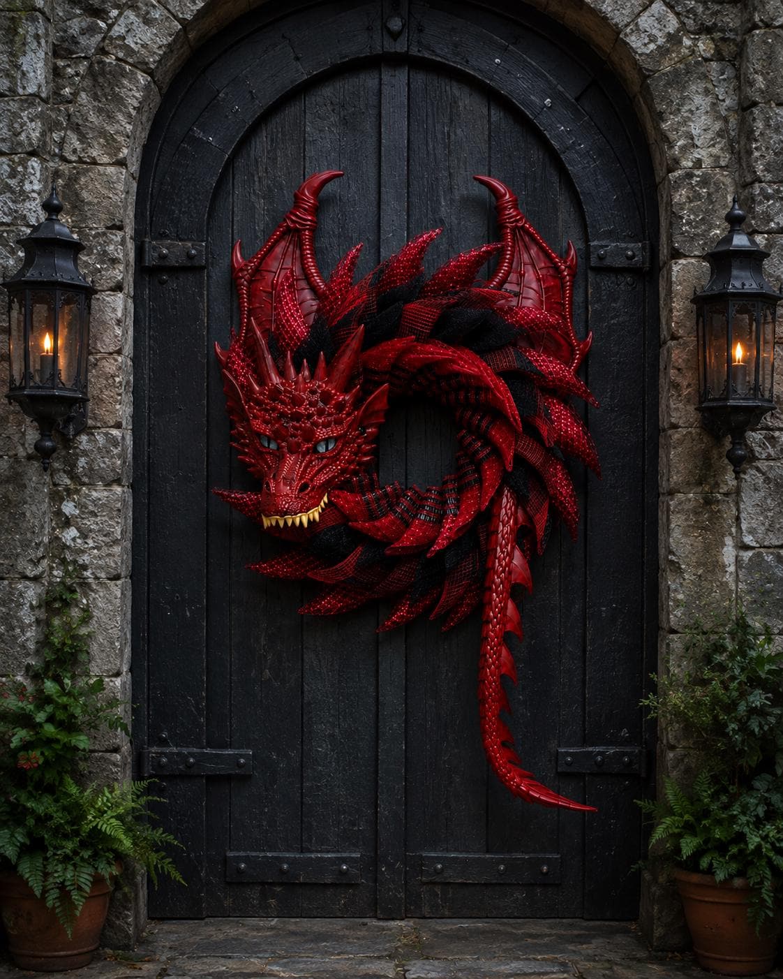 Handmade Red and Black Dragon Wreath, Fantasy Decor, Motorcycle Rider Gift, Smoky Mountain Art, Dragon Lover Gift