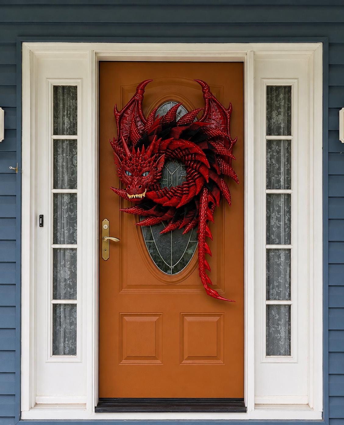 Handmade Red and Black Dragon Wreath, Fantasy Decor, Motorcycle Rider Gift, Smoky Mountain Art, Dragon Lover Gift