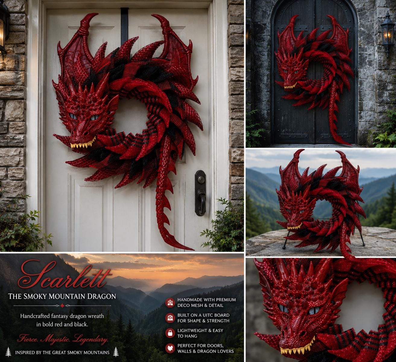Handmade Red and Black Dragon Wreath, Fantasy Decor, Motorcycle Rider Gift, Smoky Mountain Art, Dragon Lover Gift