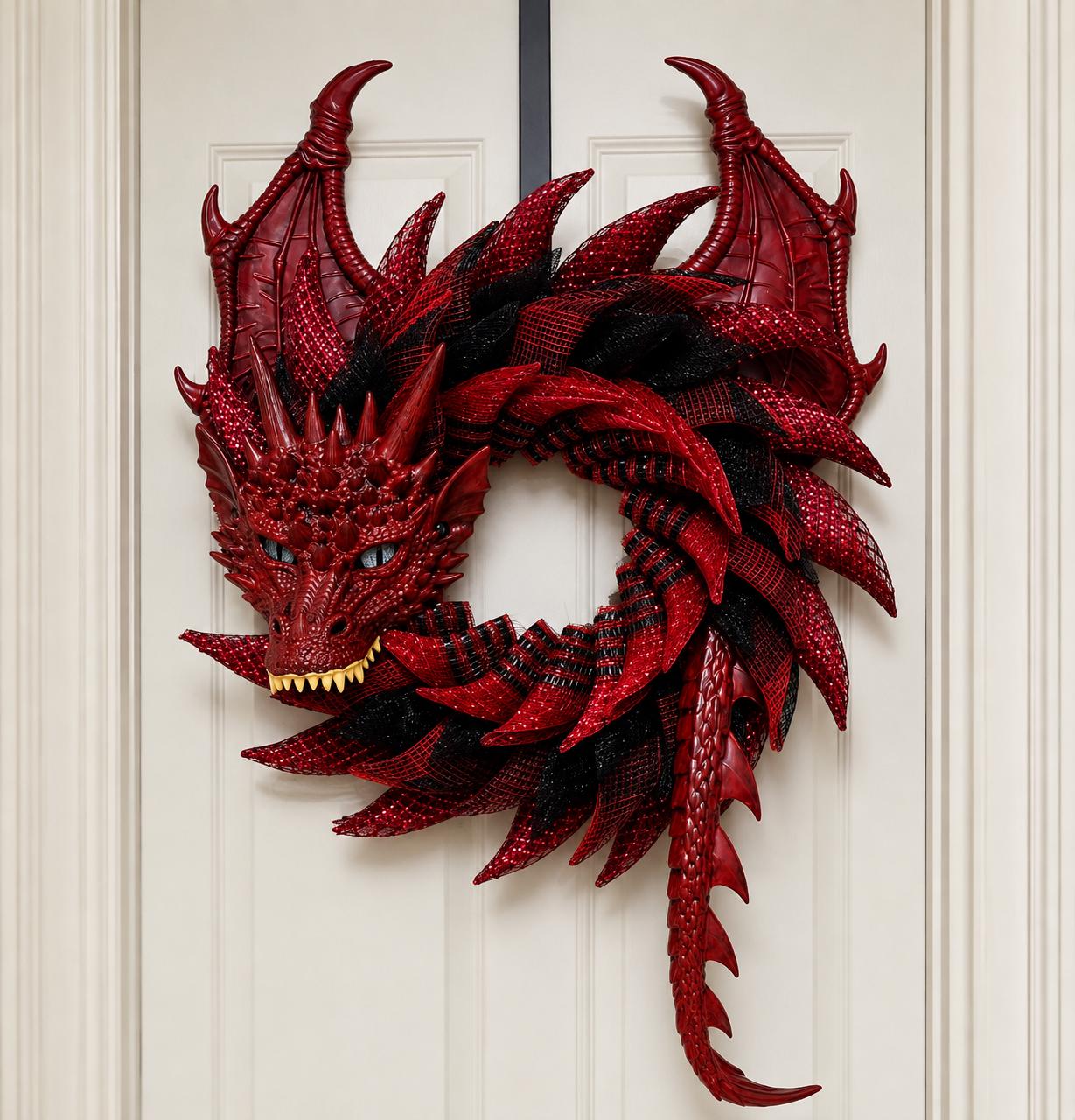 Handmade Red and Black Dragon Wreath, Fantasy Decor, Motorcycle Rider Gift, Smoky Mountain Art, Dragon Lover Gift