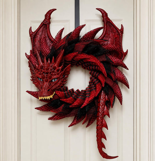 Handmade Red and Black Dragon Wreath, Fantasy Decor, Motorcycle Rider Gift, Smoky Mountain Art, Dragon Lover Gift