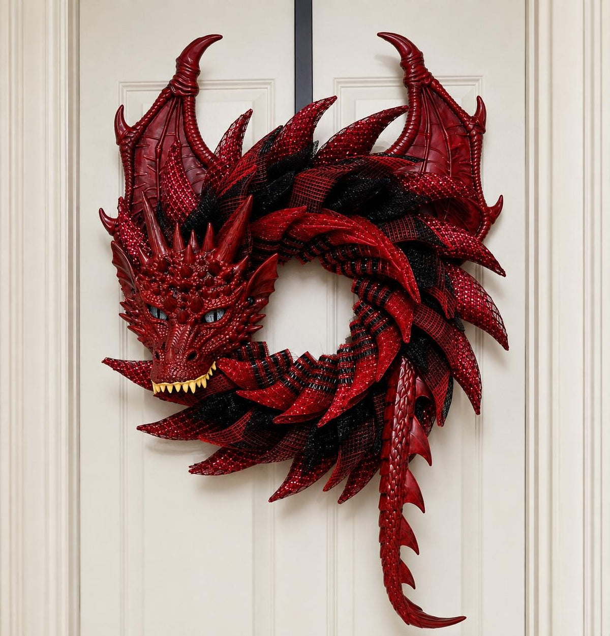 Handmade Red Black Dragon Wreath – Smoky Mountain Fantasy Wall Art, Motorcycle Rider Gift, Front Door Decor