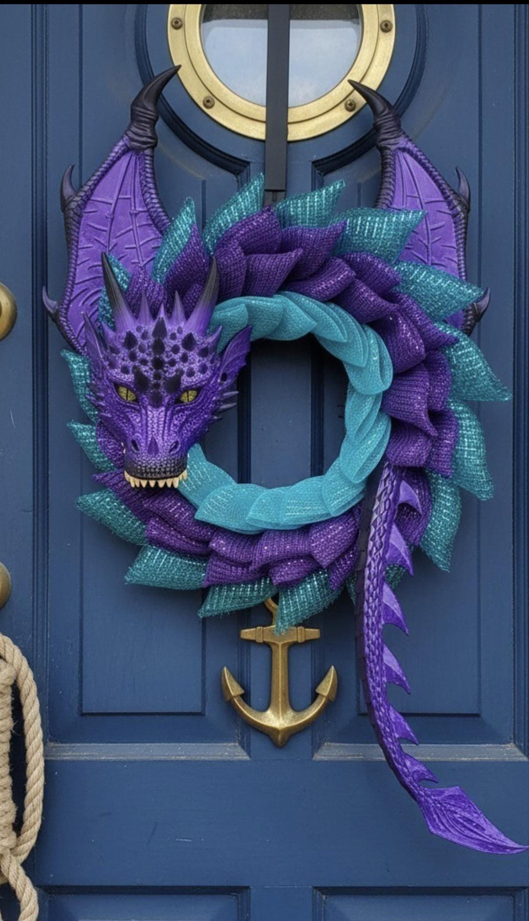 Handmade Purple Sea Dragon Wreath, Teal Aqua Coastal Fantasy Door Decor
