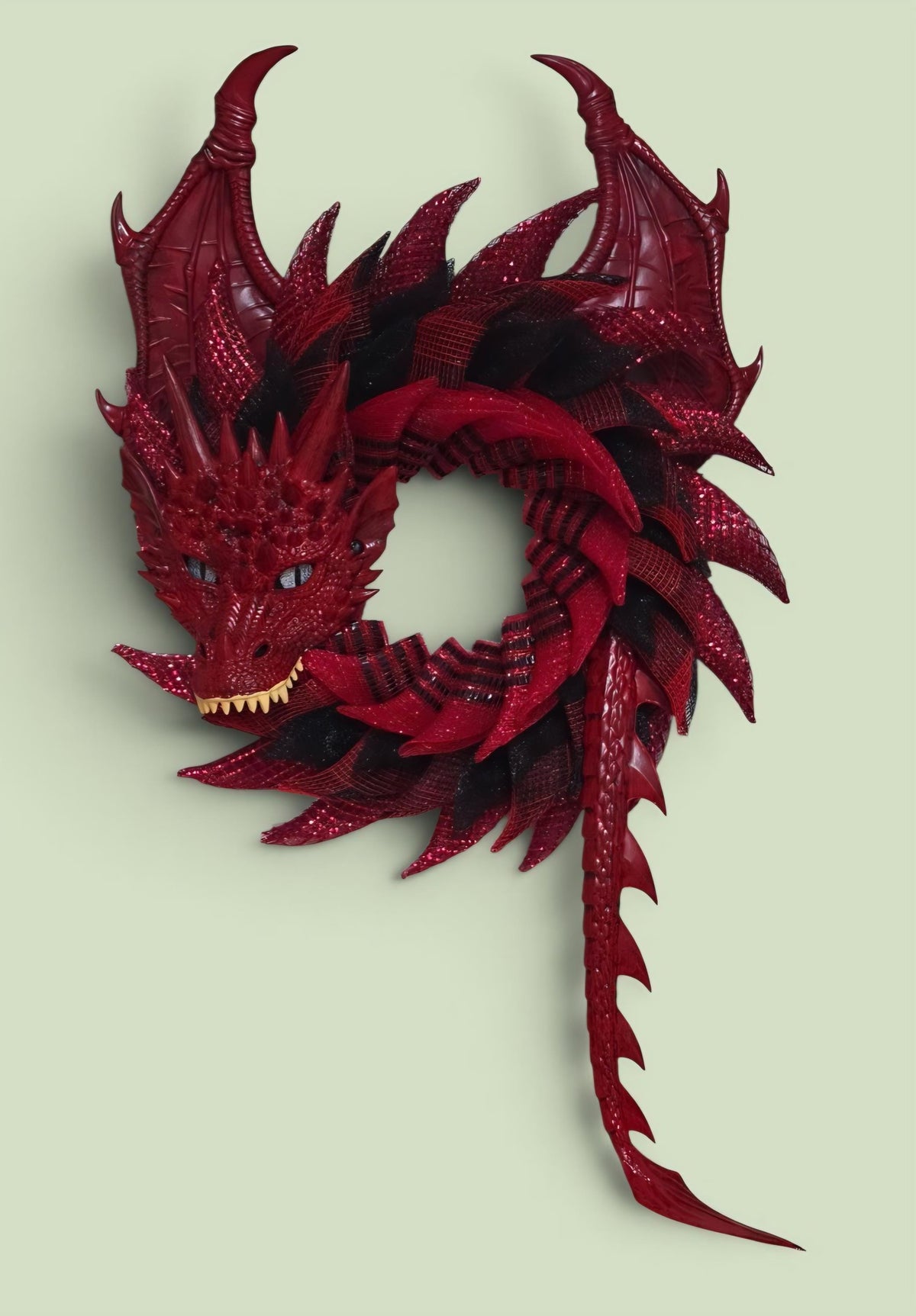 Handmade Red and Black Dragon Wreath, Fantasy Decor, Motorcycle Rider Gift, Smoky Mountain Art, Dragon Lover Gift