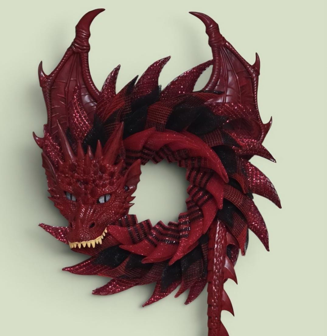 Handmade Red and Black Dragon Wreath, Fantasy Decor, Motorcycle Rider Gift, Smoky Mountain Art, Dragon Lover Gift